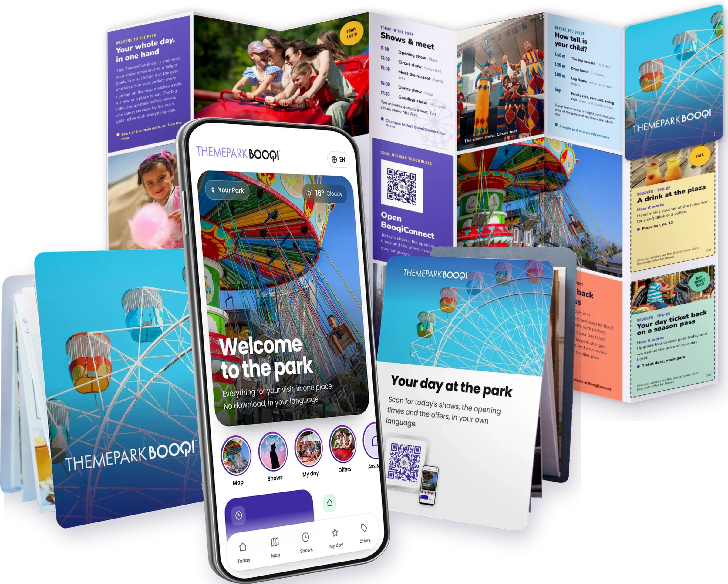 Ein ThemeParkBooqi in der Hand, mit dem digitalen Guide auf einem Handy